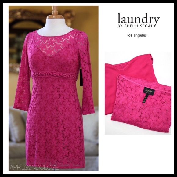 A-LINE BOHO CROCHET LACE 3/4 QUARTER LONG SLEEVES FUCHSIA PINK MINI DRESS - Picture 6 of 6